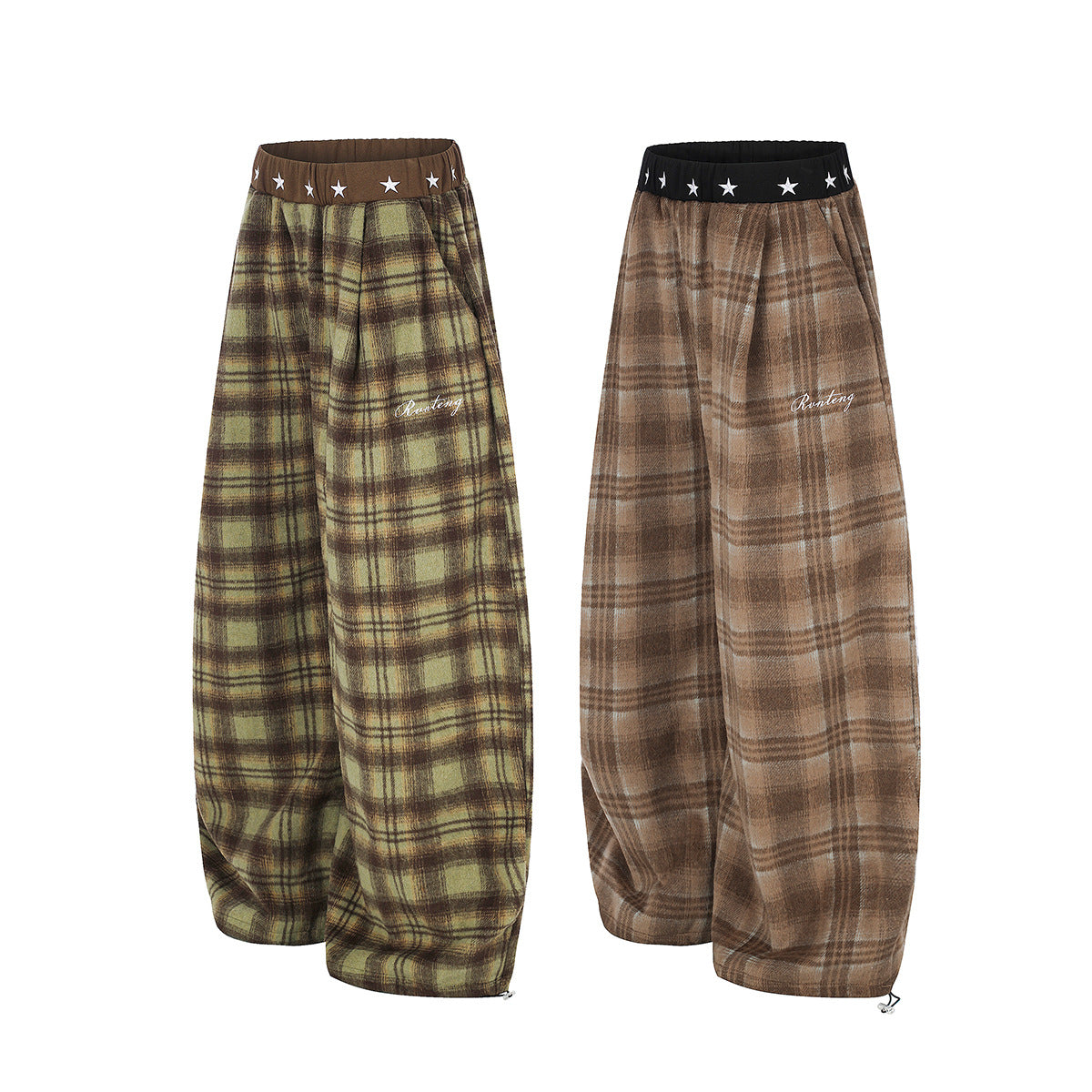 Plaid Wide-Leg Pants with Star Waistband – Oversized Retro Streetwear Trousers