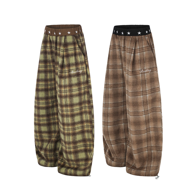 Plaid Wide-Leg Pants with Star Waistband – Oversized Retro Streetwear Trousers
