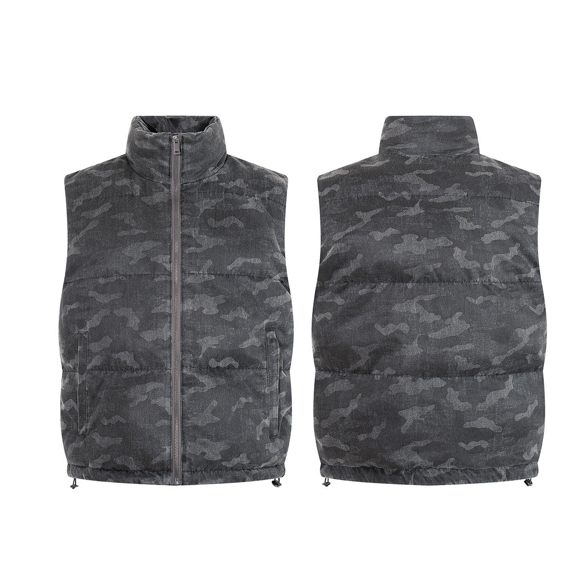Men's dark grey camouflage sleeveless puffer vest with stand collar and full-length zip, front and back view