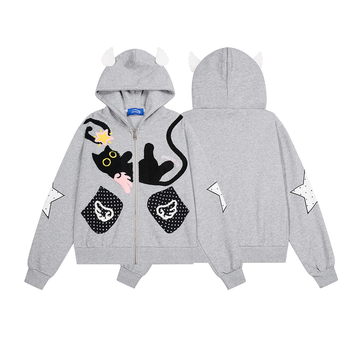 Sweat zippé gothique avec écusson chat brodé, ailes d’ange et capuche à oreilles de chat