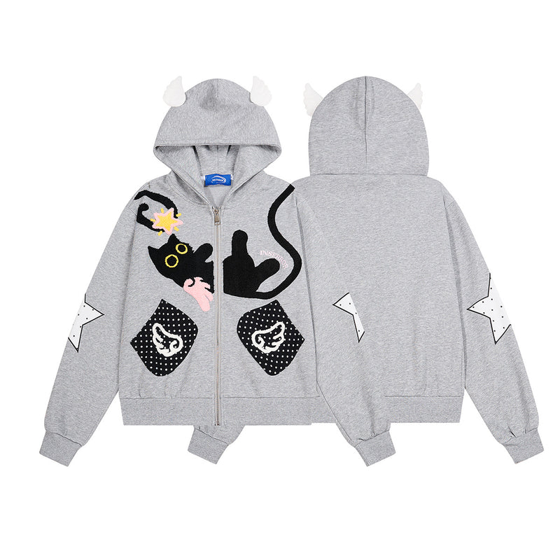 Sweat zippé gothique avec écusson chat brodé, ailes d’ange et capuche à oreilles de chat
