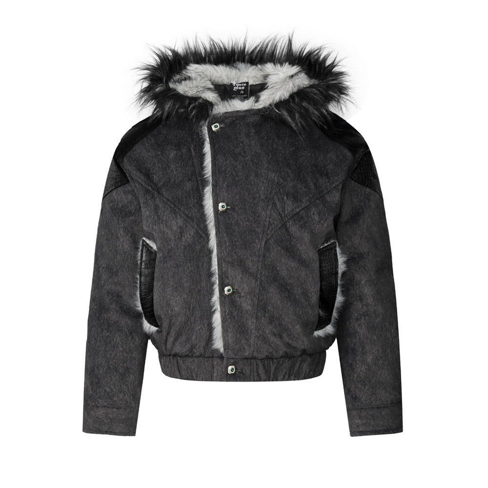Men's Faux Fur Trim Hooded Bomber Jacket with PU Leather Panel & Snap Buttons