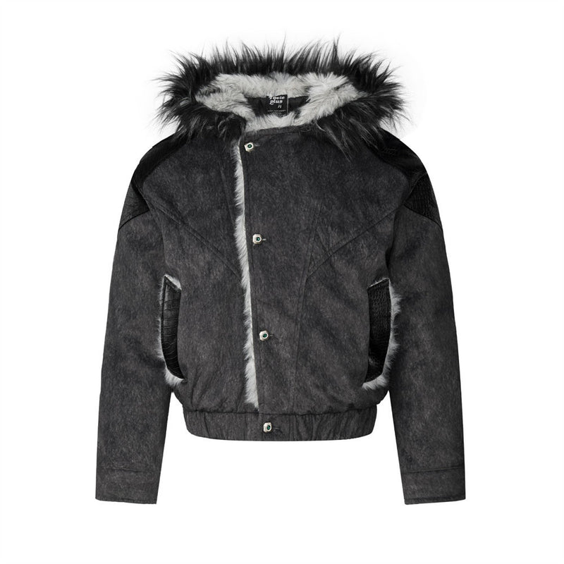 Men's Faux Fur Trim Hooded Bomber Jacket with PU Leather Panel & Snap Buttons