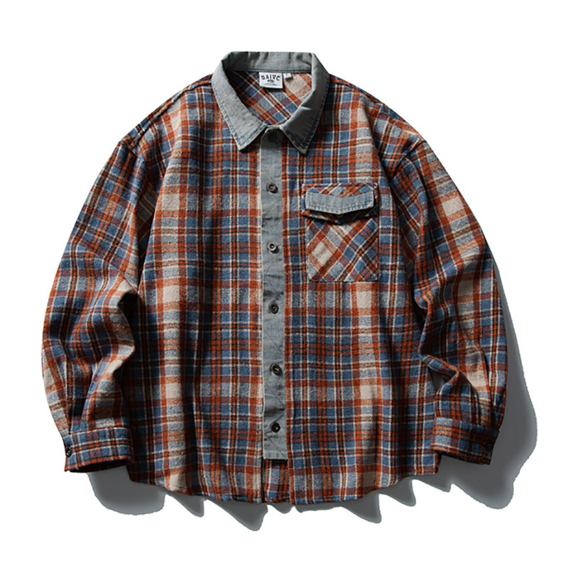 Men's Red Plaid Shirt Oversized Denim-Splice Faux Two-Piece Button-Down
