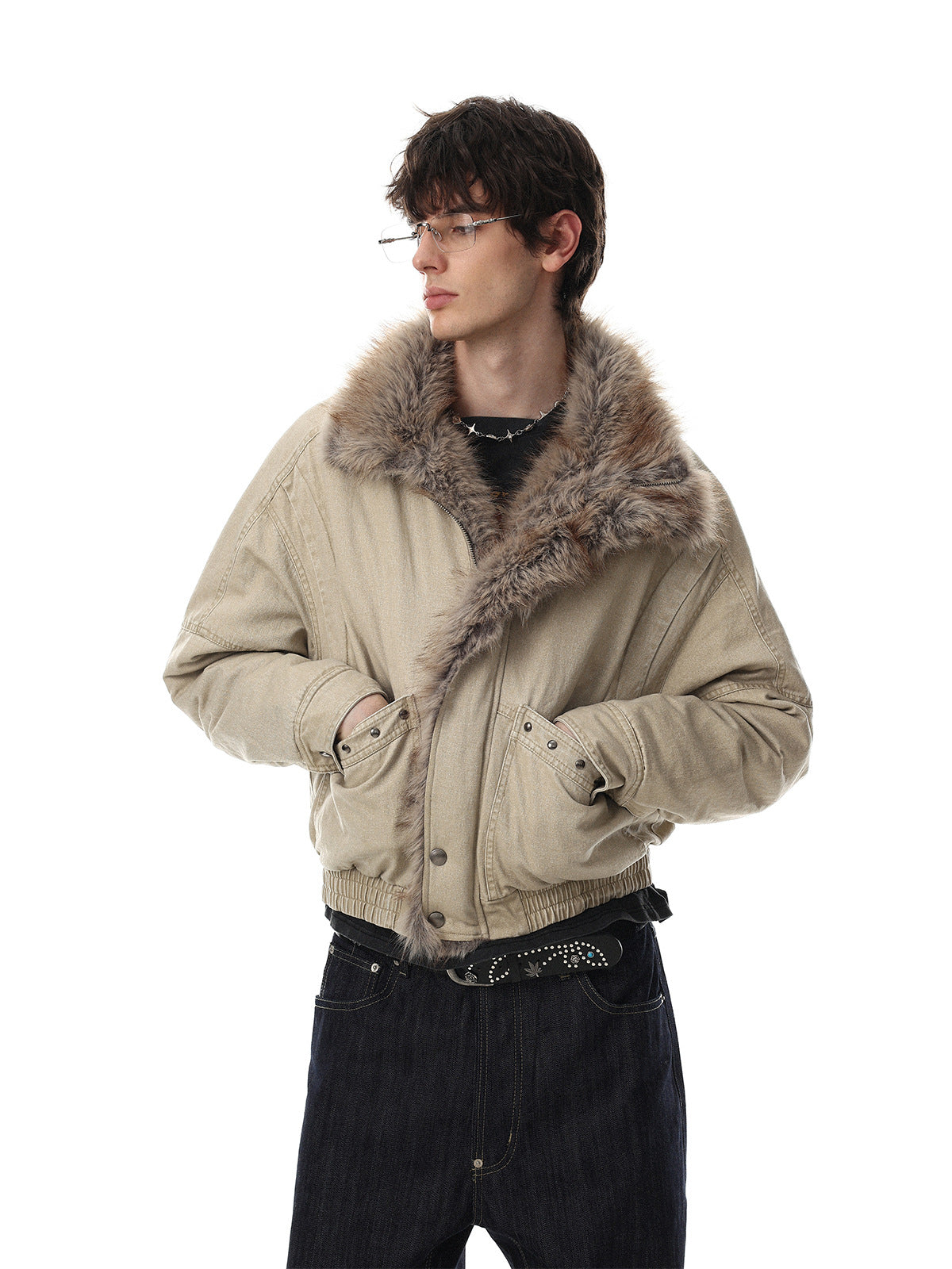 Oversized faux fur collar padded bomber jacket in beige worn open over a graphic tee with wide-leg dark denim