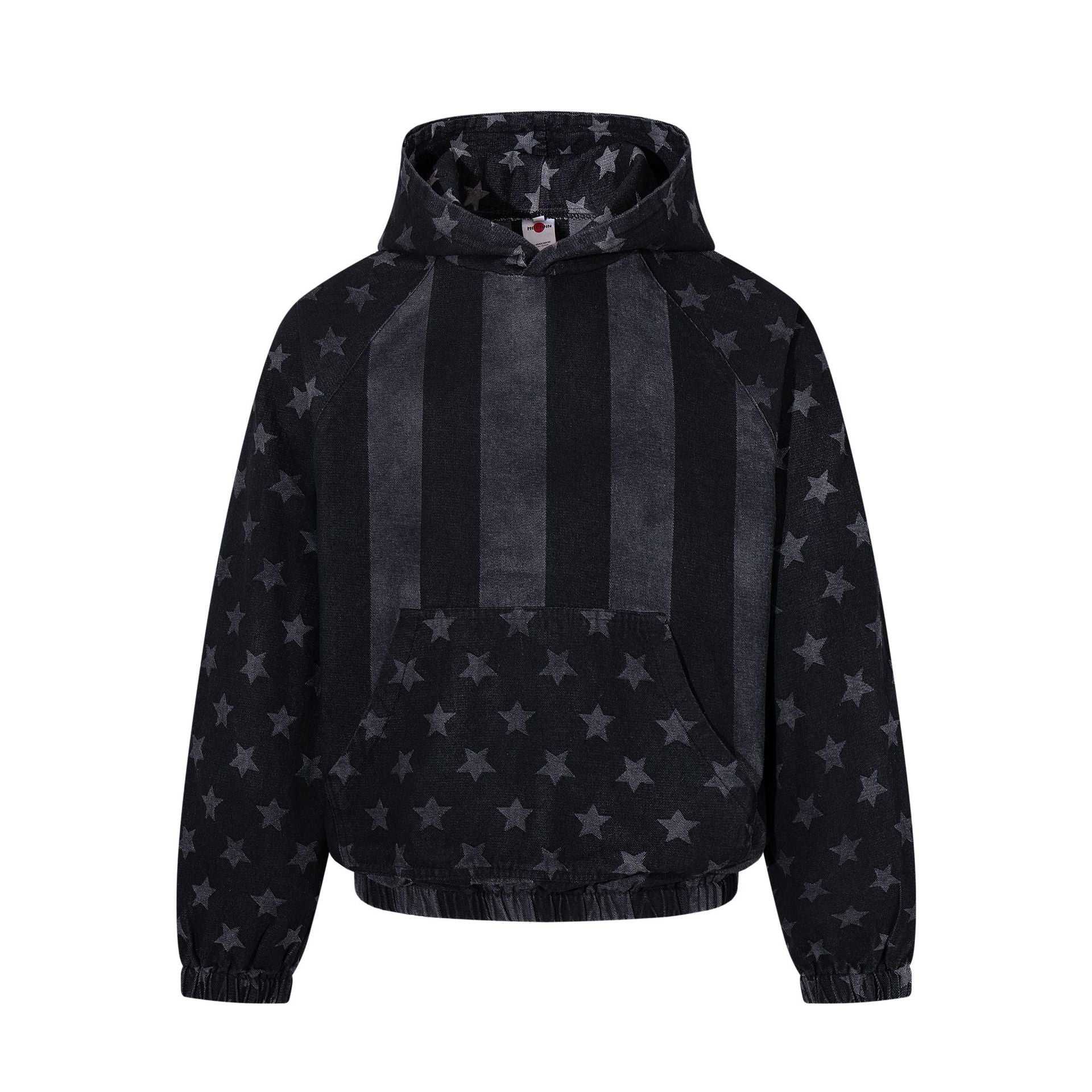 Oversized black acid-washed American flag denim hoodie with all-over stars and stripes print, front and back view