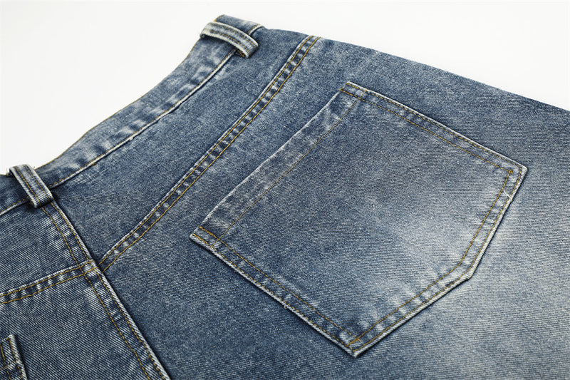 Men's Wide Leg Denim Shorts with Rhinestone Script Embroidery