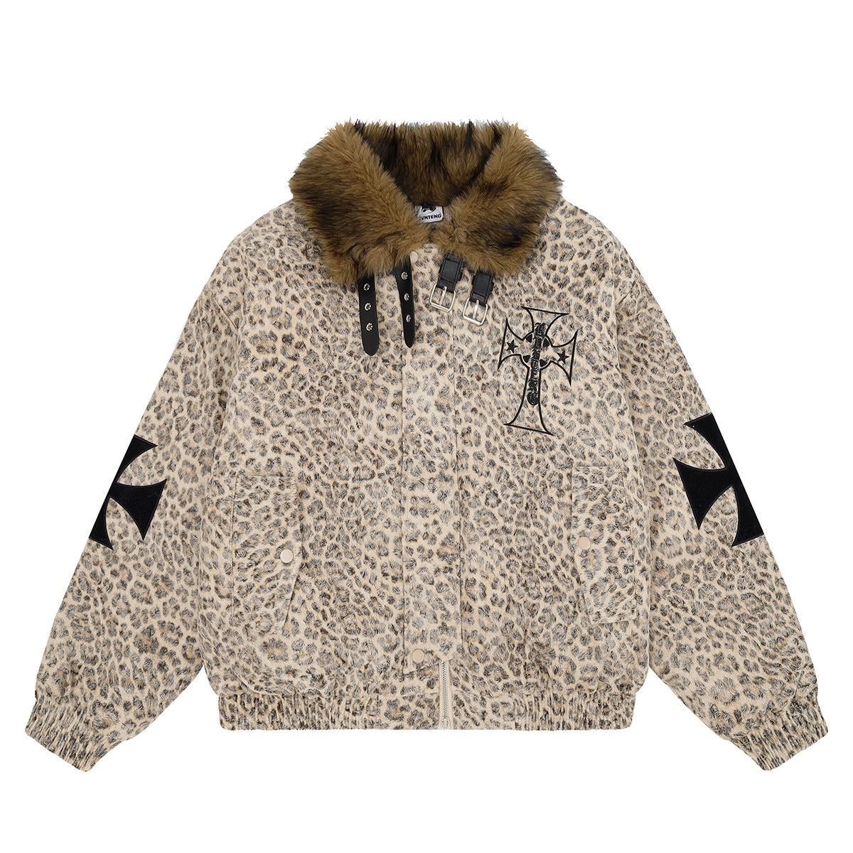 Leopard Print Fur Collar Bomber Jacket with Quilted Lining