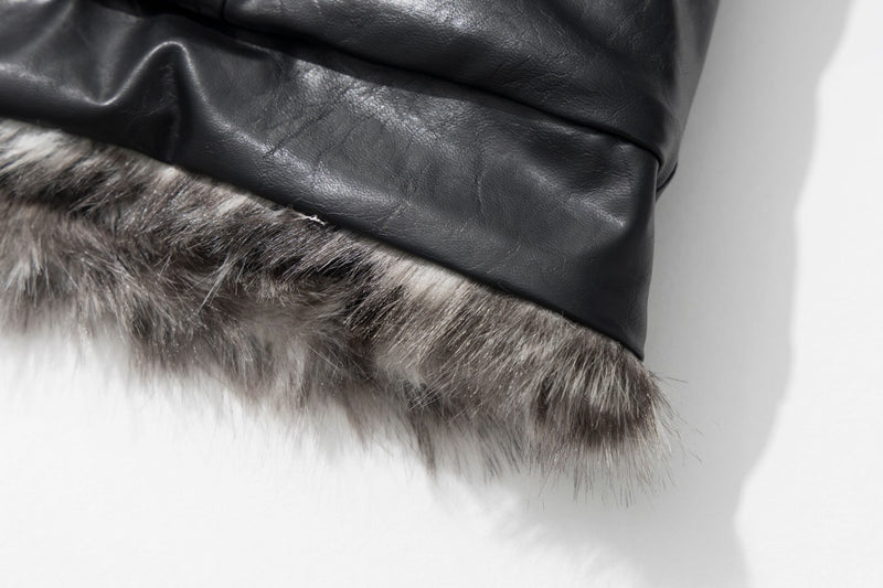 Black Faux Leather Biker Jacket with Faux Fur Collar & Lining