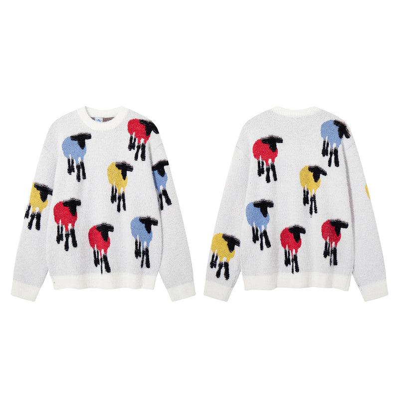 Colorful Sheep Jacquard Crew Neck Sweater – Relaxed Fit Knit