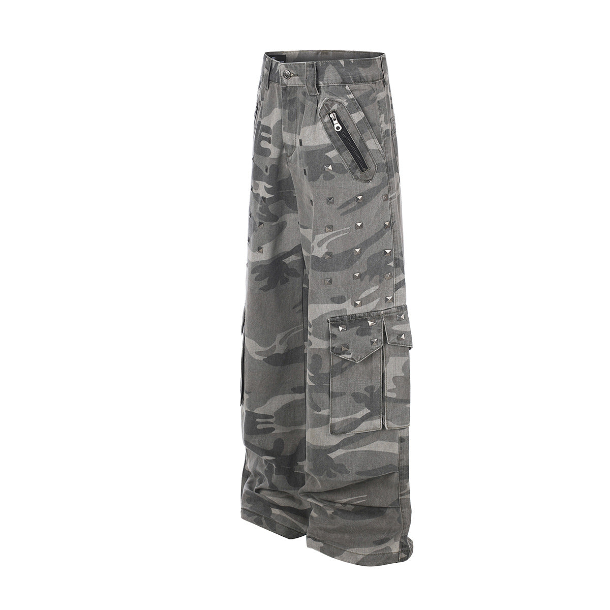 Pantalon cargo baggy camouflage à rivets, coupe large et multi-poches