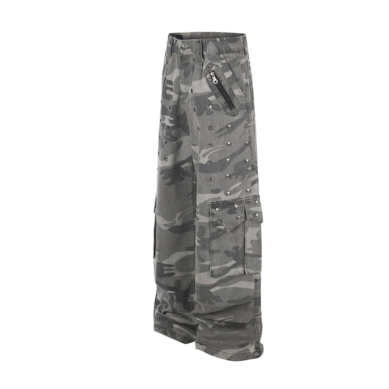 Pantalon cargo baggy camouflage à rivets, coupe large et multi-poches