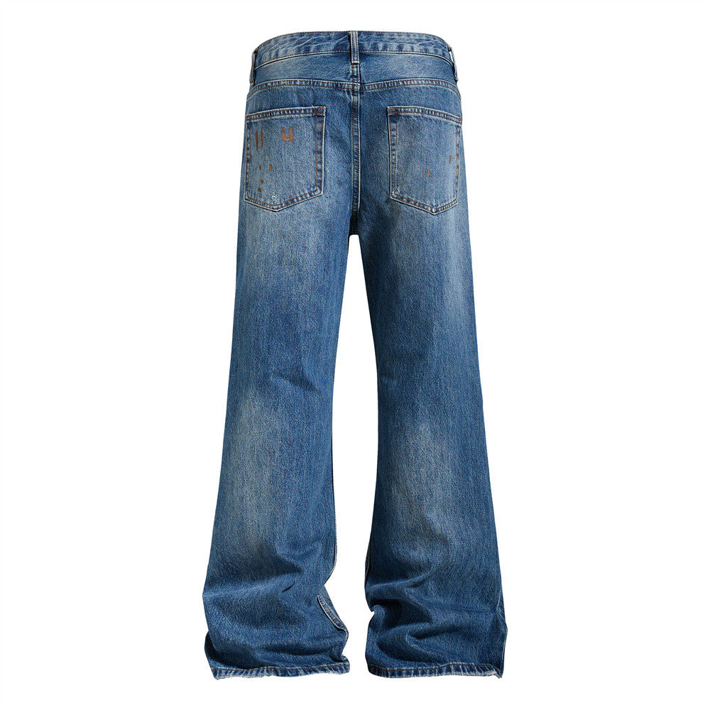 Men's Washed Distressed Flare Jeans with Graffiti Paint Splatter