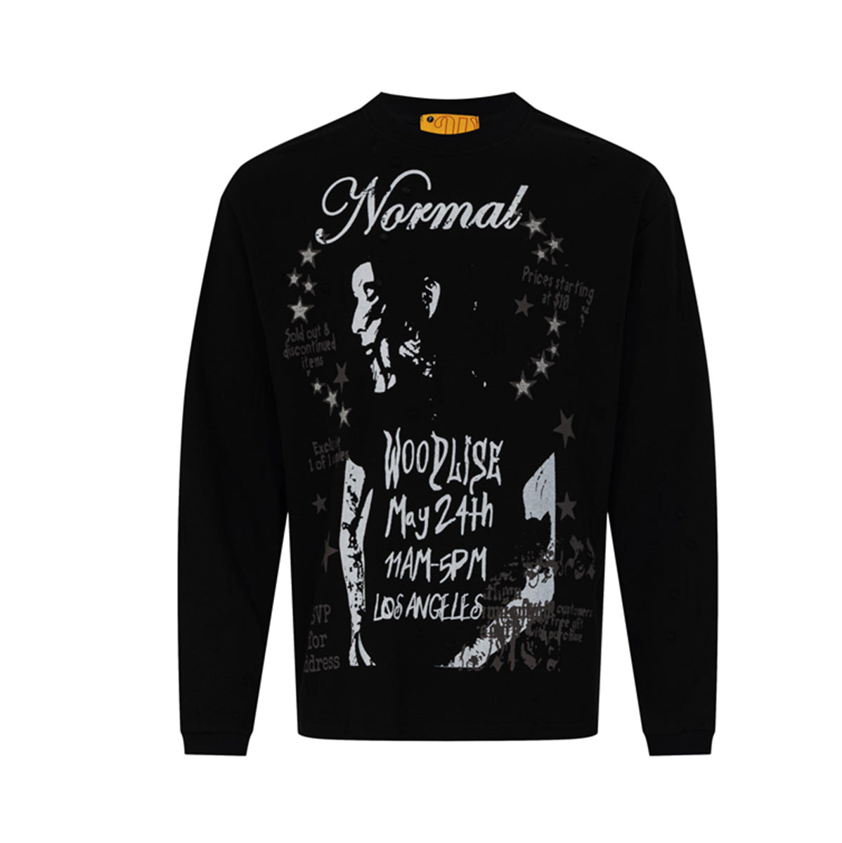 Camiseta negra de manga larga y cuello redondo con estampado desgastado de cartel de concierto de Normal Woodlise y motivos de estrellas en el pecho