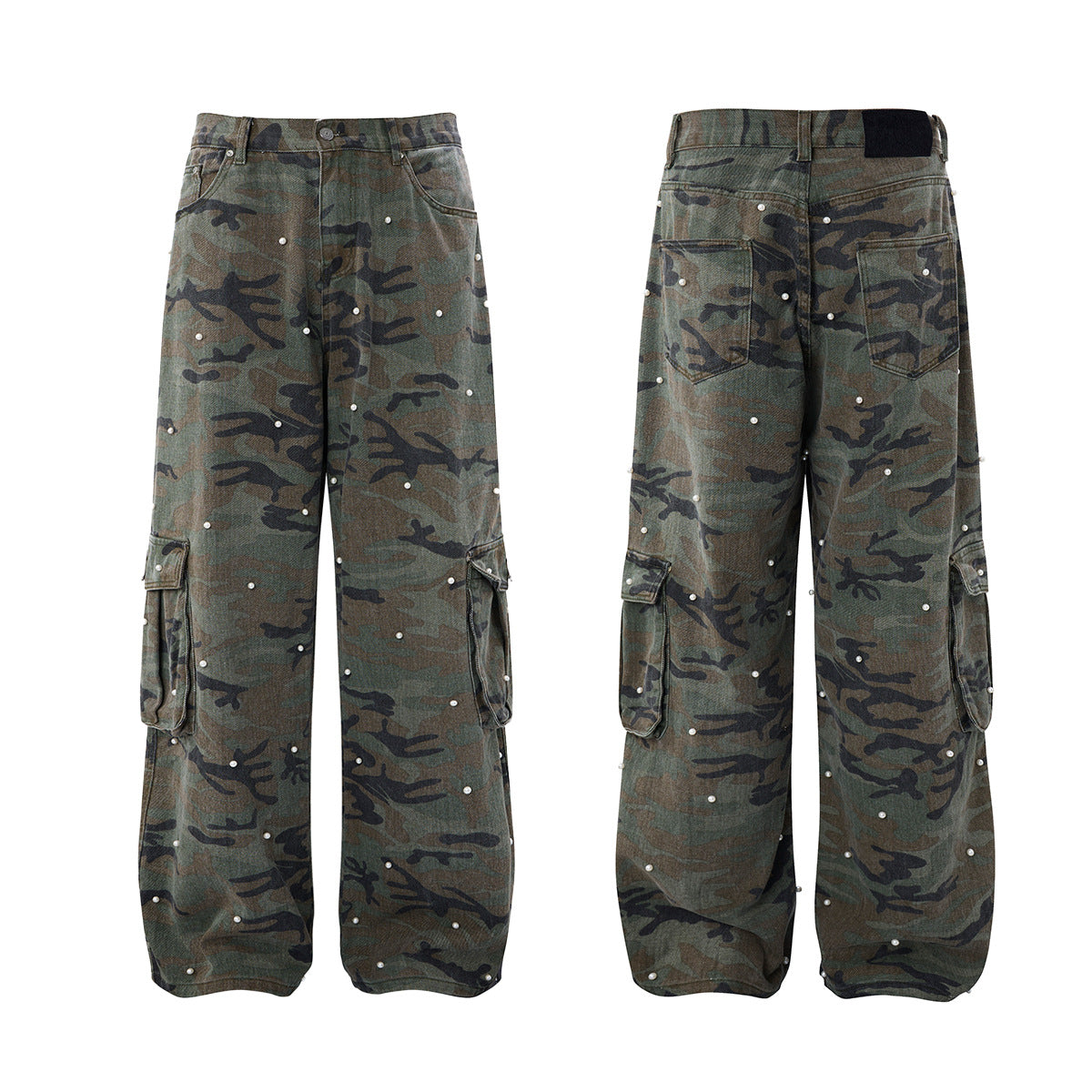 Camo Pearl Stud Cargo Pants – Wide-Leg Washed Denim Camouflage Trousers