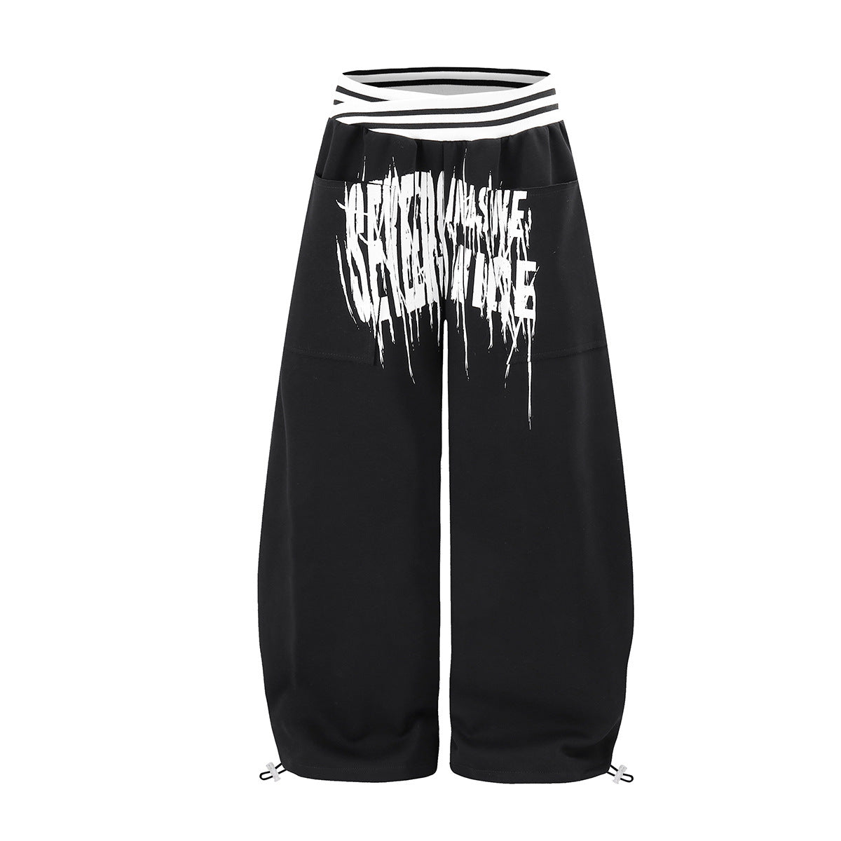 Jogginghose mit weitem Bein zum Hineinschlüpfen, gestreiftem Bund und Gothic-Grafikprint