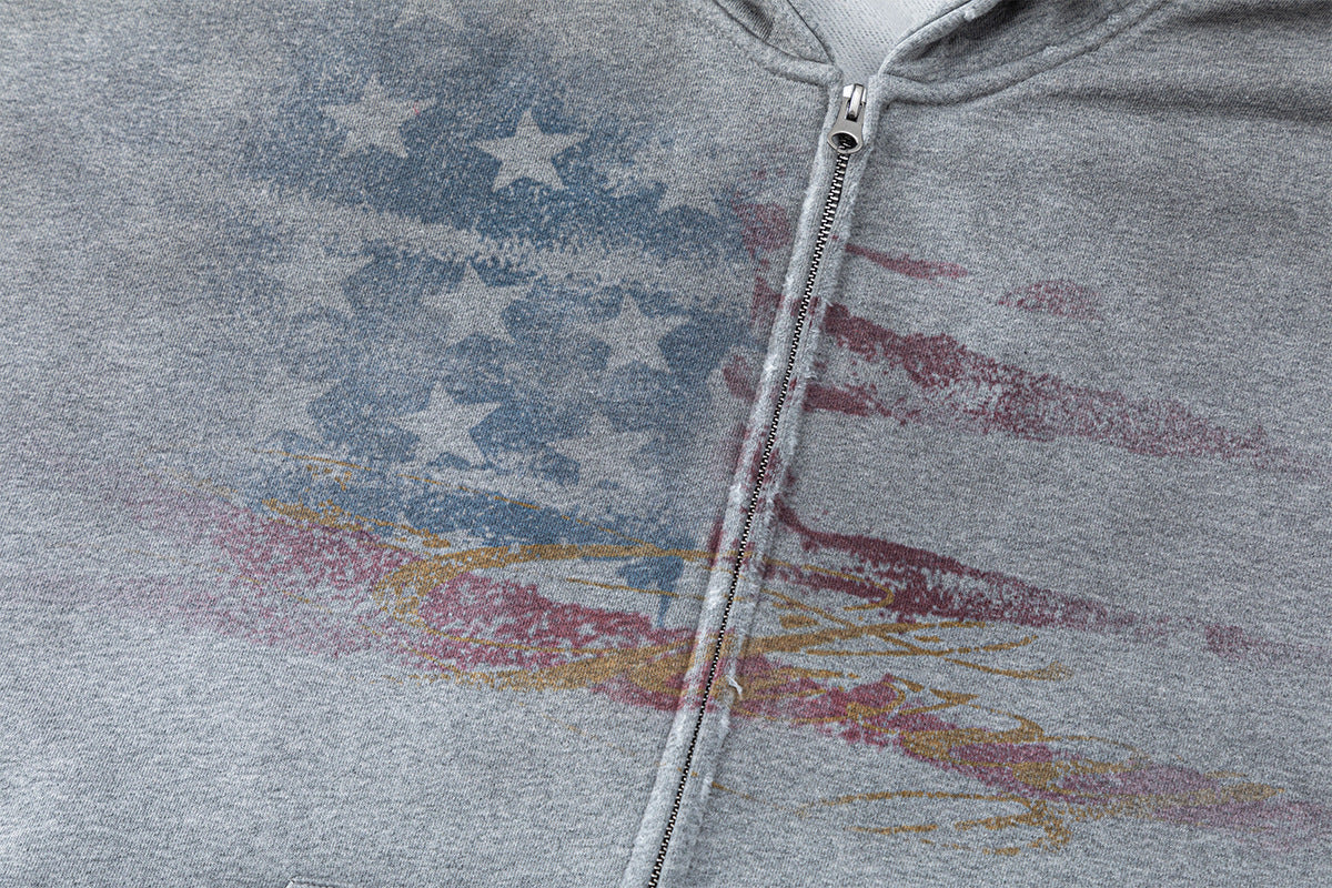 Sweat à capuche zippé drapeau américain usé – Streetwear vintage délavé