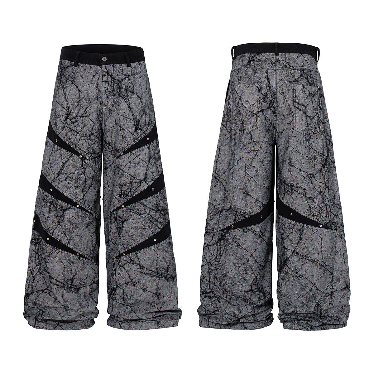 Jean baggy à jambes larges avec imprimé craquelé et rayures diagonales cloutées