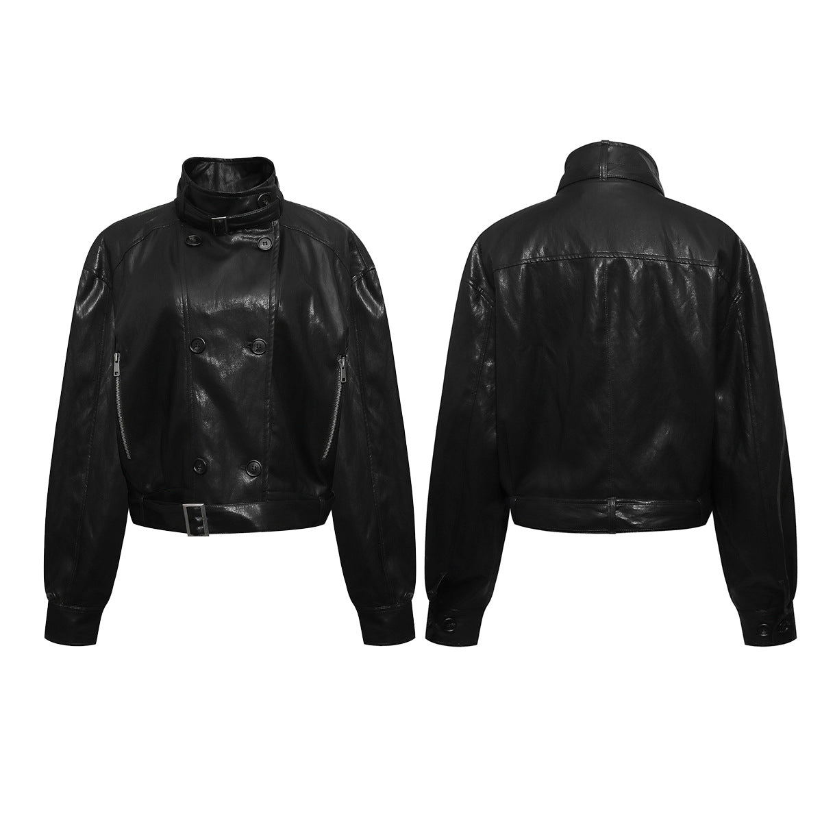 Faux Leather Biker Jacket – Oversized Stand Collar, Double-Breasted, Moto Style