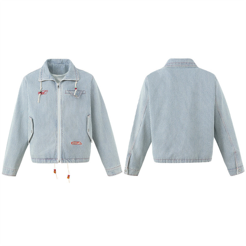 Hickory Stripe Denim Zip Jacket – Men's Workwear-Inspired Drawstring Hem Coat