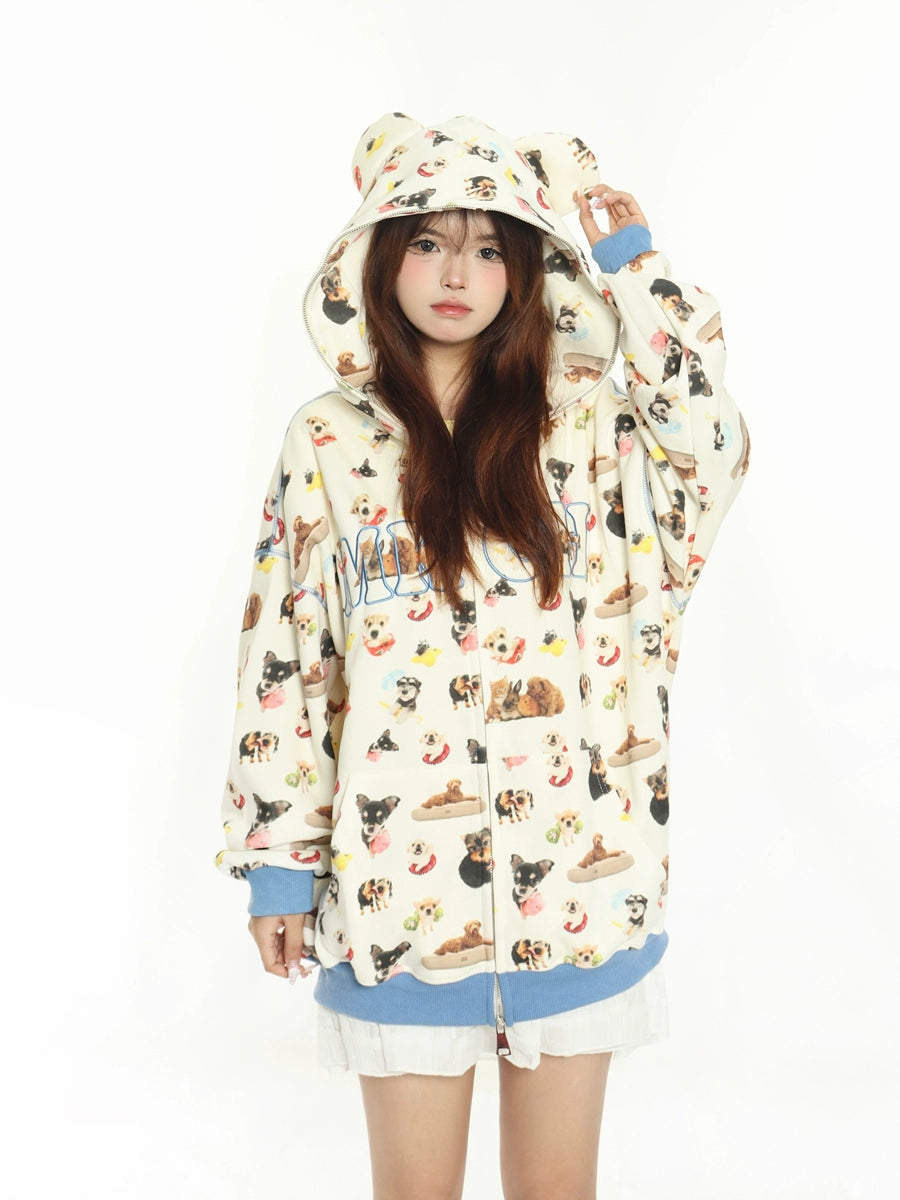 A person with long hair and a neutral expression poses against a white background, wearing the trendy Seakoff MKCH Dog Print Hoodie, an adorable full-zip hoodie featuring a cute puppy pattern.