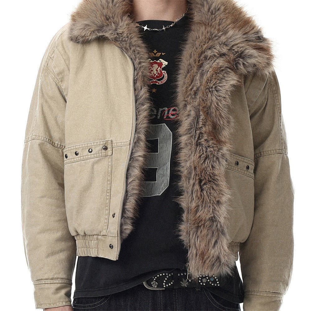Men's Faux Fur-Lined Bomber Jacket – Studded Workwear Cotton Padded Coat