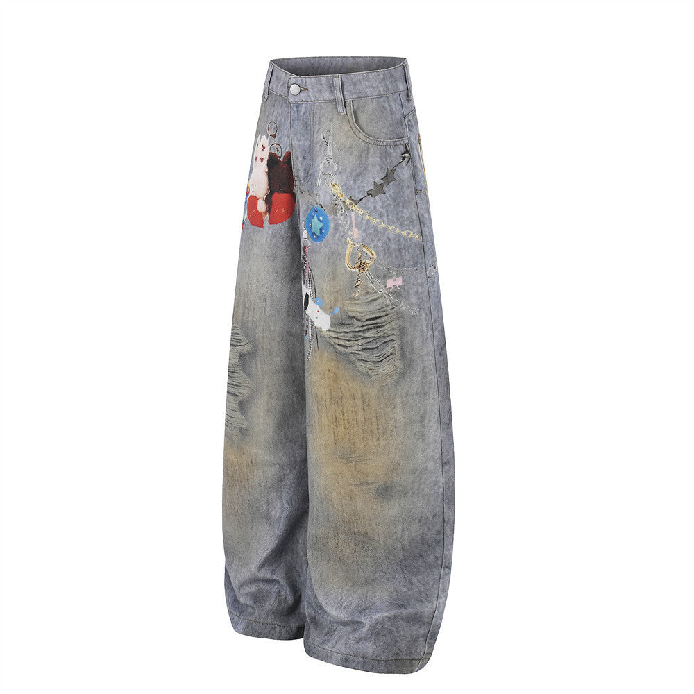 Wide-Leg Distressed Jeans – Digital Print Charms & Ripped Washed Denim