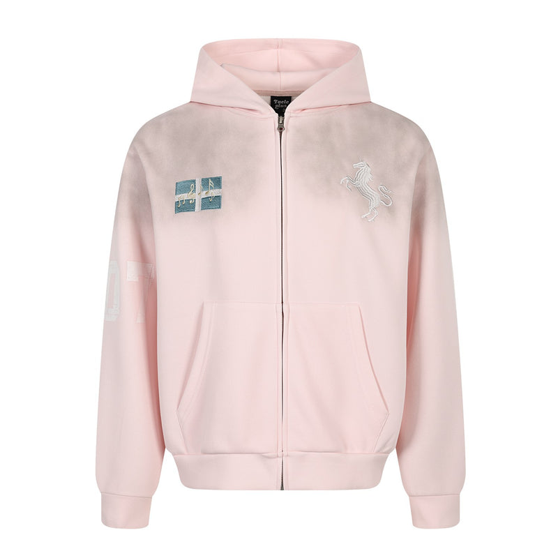 Zip-Hoodie mit aufgesticktem Einhorn und Badge-Patches – Gewaschener Farbverlauf