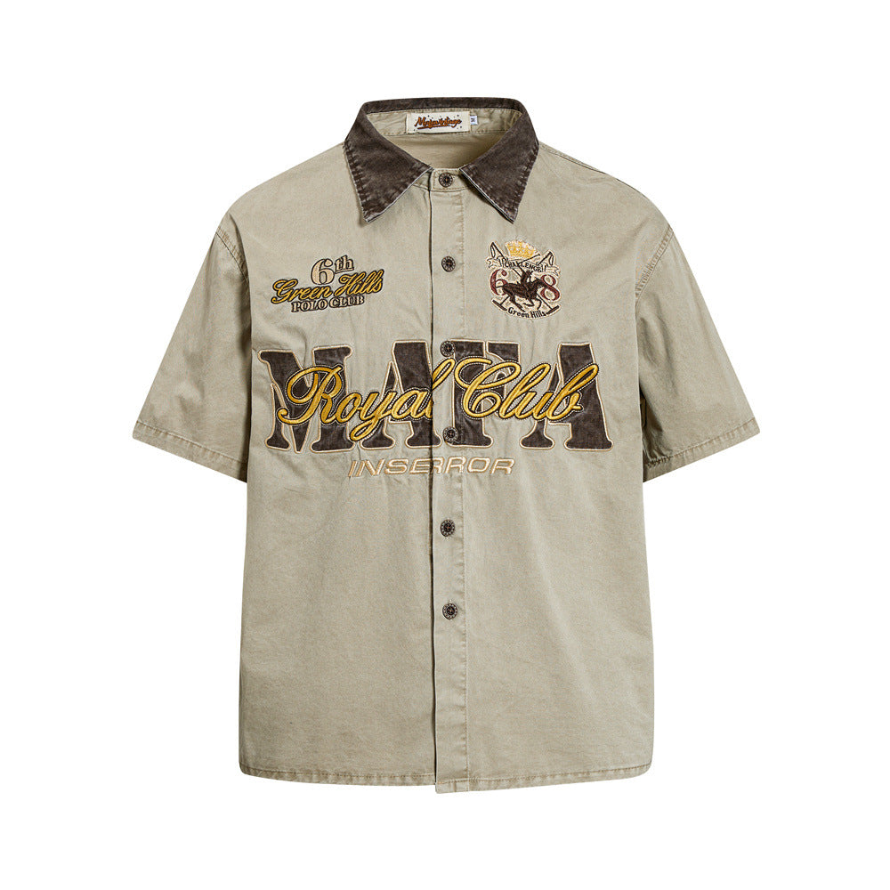 Men's oversized khaki vintage washed short sleeve shirt with Mafia Royal Club embroidered graphic and contrast brown collar