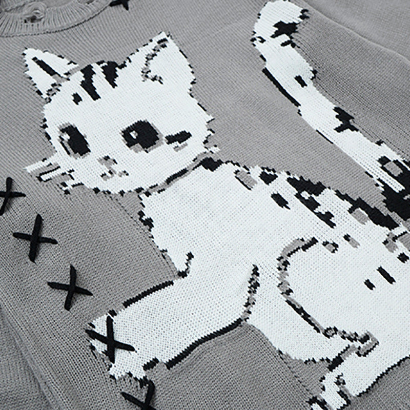 Pull en maille effet usé motif chat – Col rond oversize avec point de croix