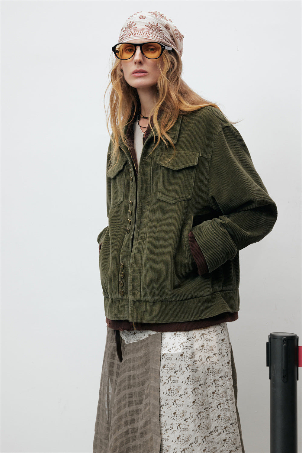Men's Army Green Corduroy Jacket with Metal Buttons & Layered Hem Detail