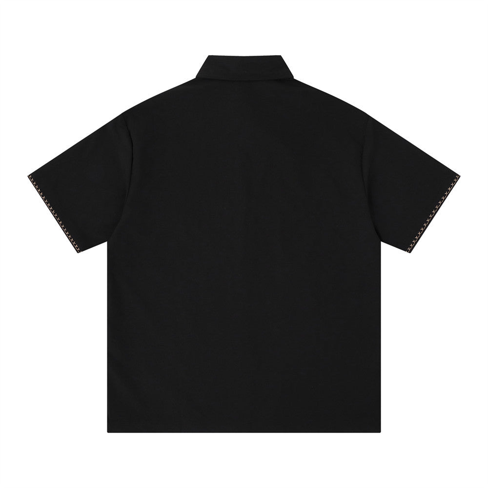 Abstract Face Embroidered Oversized Short-Sleeve Button-Up Shirt