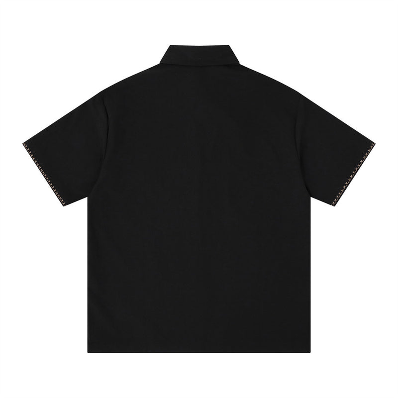 Abstract Face Embroidered Oversized Short-Sleeve Button-Up Shirt