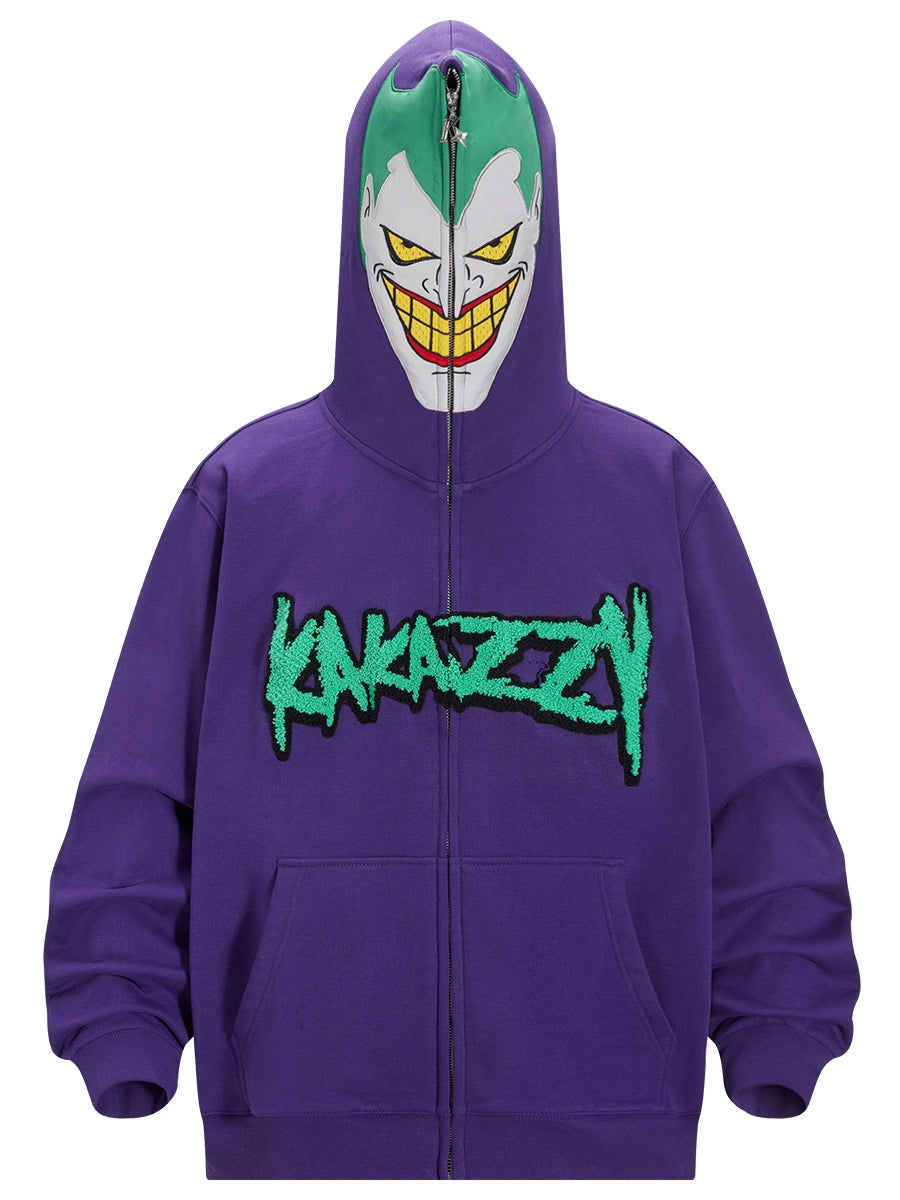 Vom Joker inspirierter Hoodie – Übergroßes, lila Superschurken-Sweatshirt mit Reißverschluss, 400 g/m²