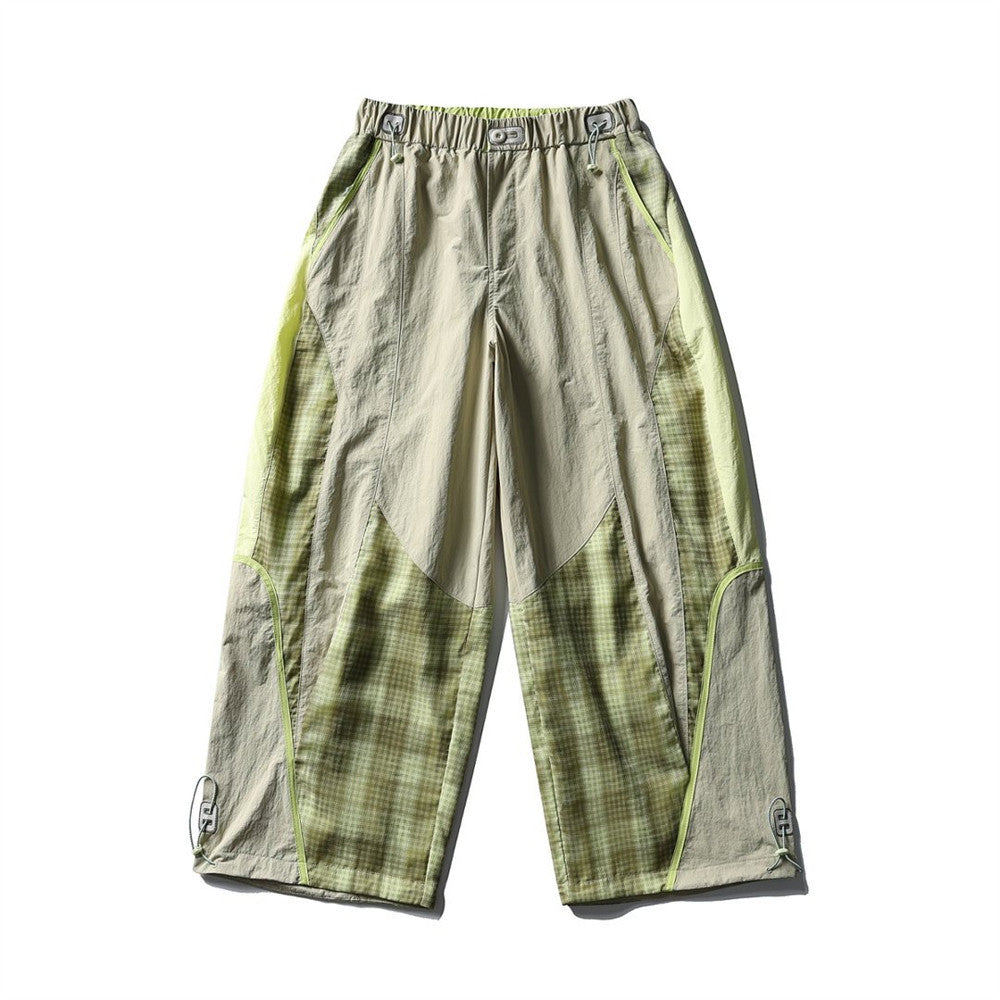 Men's Plaid Patchwork Baggy Pants – Windproof Water-Resistant Drawstring Ankle