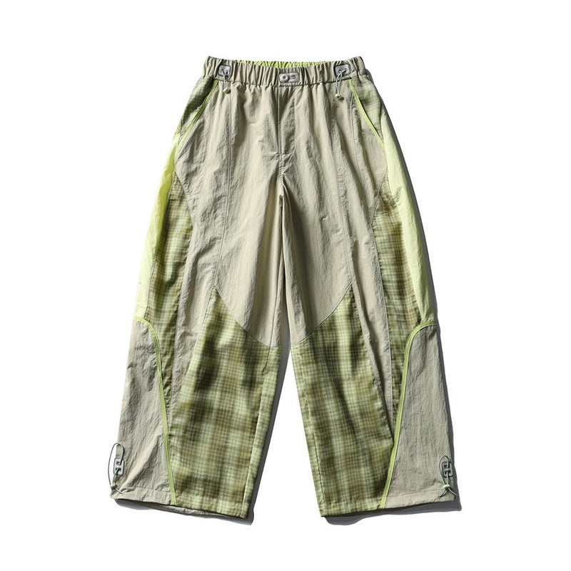 Men's Plaid Patchwork Baggy Pants – Windproof Water-Resistant Drawstring Ankle