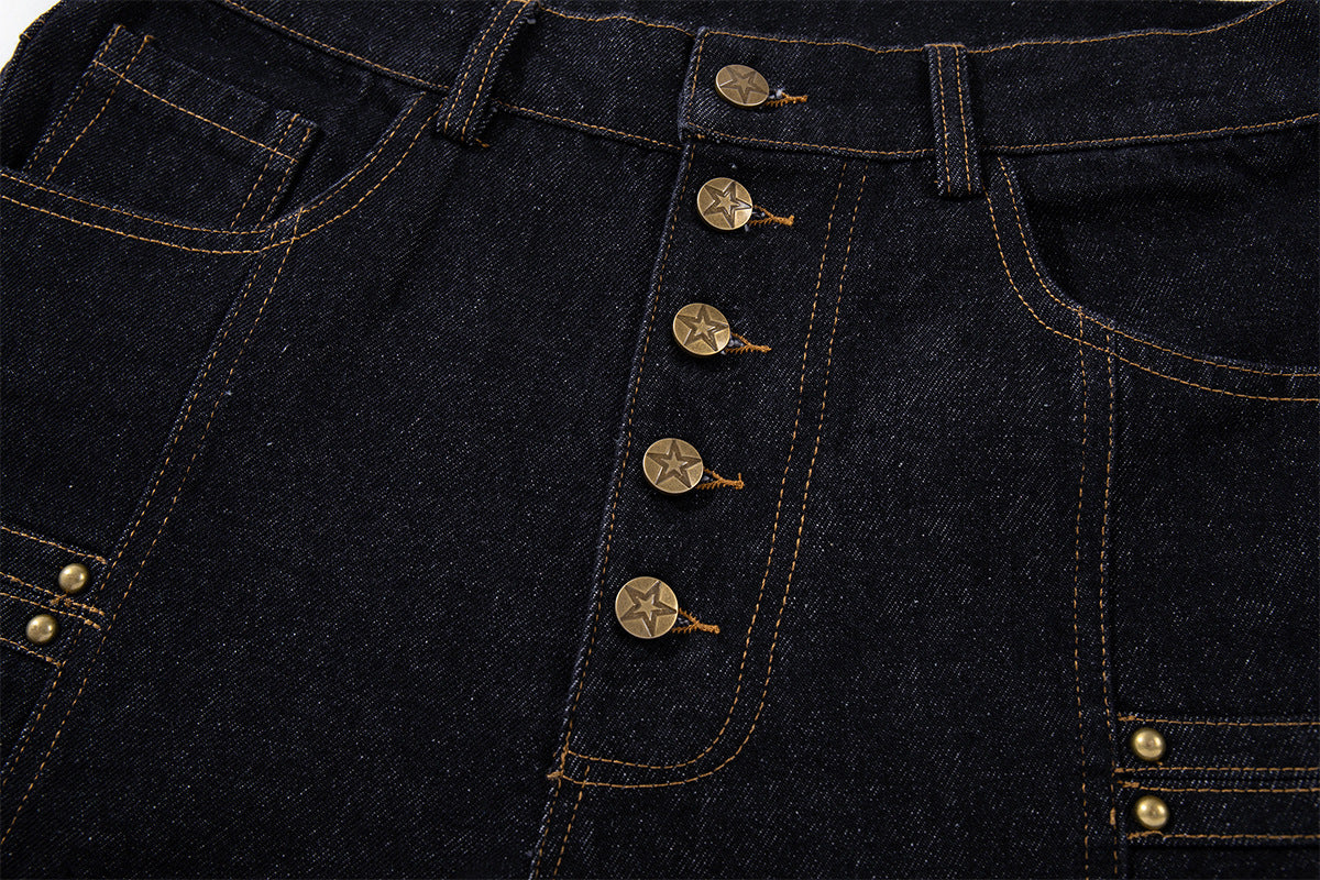 Jean brut baggy à jambes larges, pantalon cargo avec braguette à boutons dorés et détails cloutés