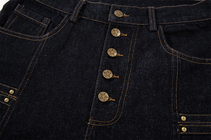 Jean brut baggy à jambes larges, pantalon cargo avec braguette à boutons dorés et détails cloutés