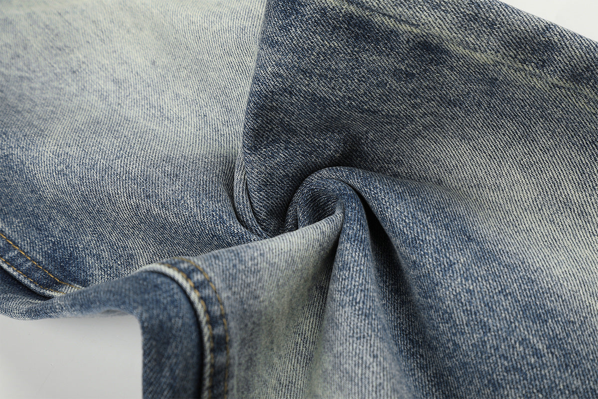 Jean baggy taille mi-haute – Denim délavé à jambes larges avec patchwork étoilé effet vache