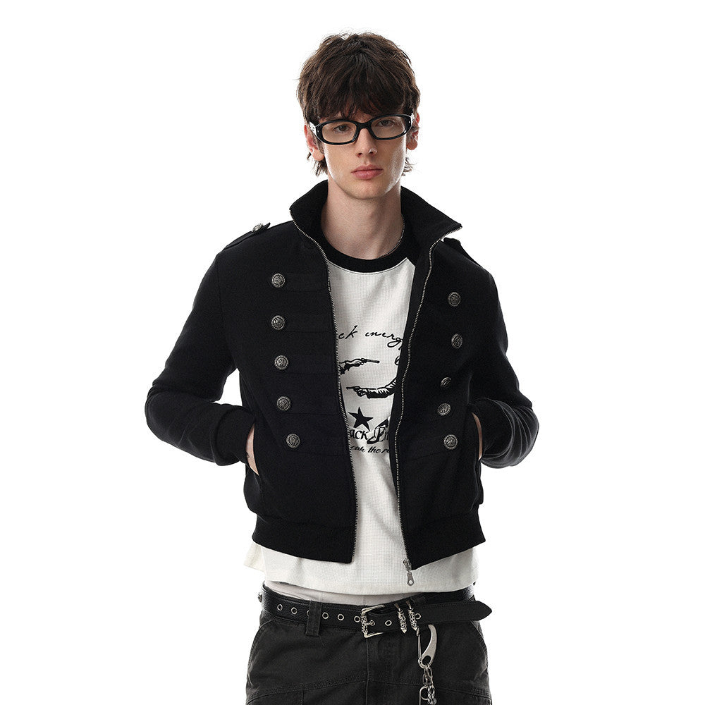 Men's Zip-Up Jacket Military Double-Breasted Stand Collar Short Bomber