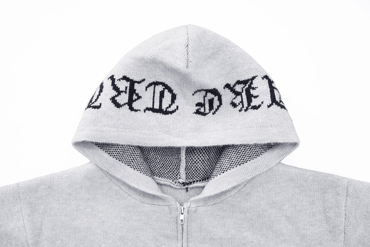 Gothic Cross Knit Zip-Up Hoodie with Old English Sleeve Script