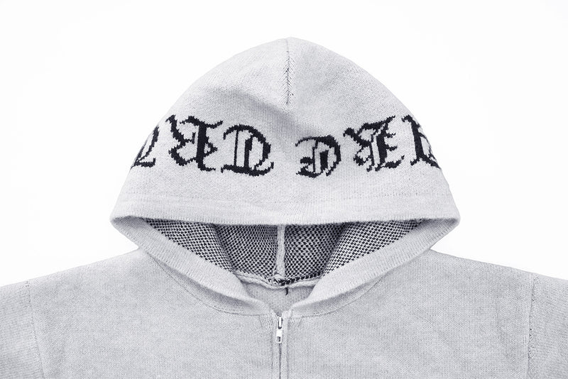 Gothic Cross Knit Zip-Up Hoodie with Old English Sleeve Script