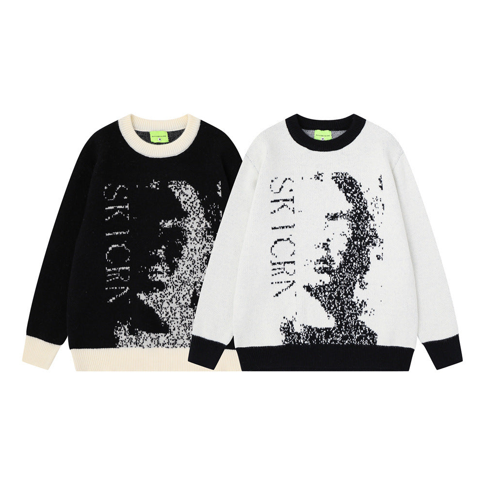 Men's Crew Neck Jacquard Knit Sweater – Pixelated Portrait Graphic, Contrast