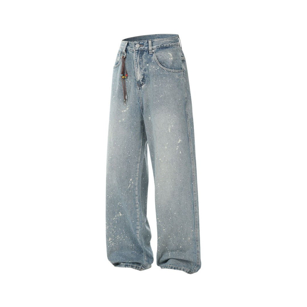 Wide-Leg Paint Splatter Jeans – Men's High-Street Light Blue Washed Denim