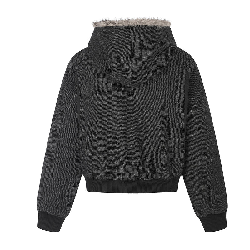 Hooded Bomber Jacket with Faux Fur Trim & Double-Button Front