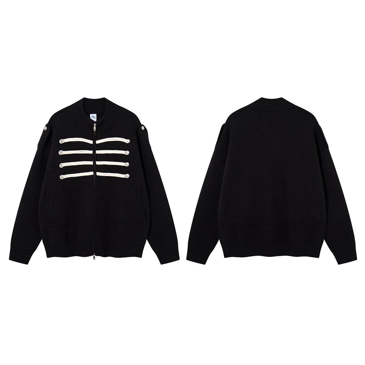 Military Knit Zip-Up Cardigan Sweater with Braided Cord & Button Detail