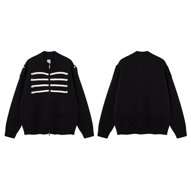 Military Knit Zip-Up Cardigan Sweater with Braided Cord & Button Detail