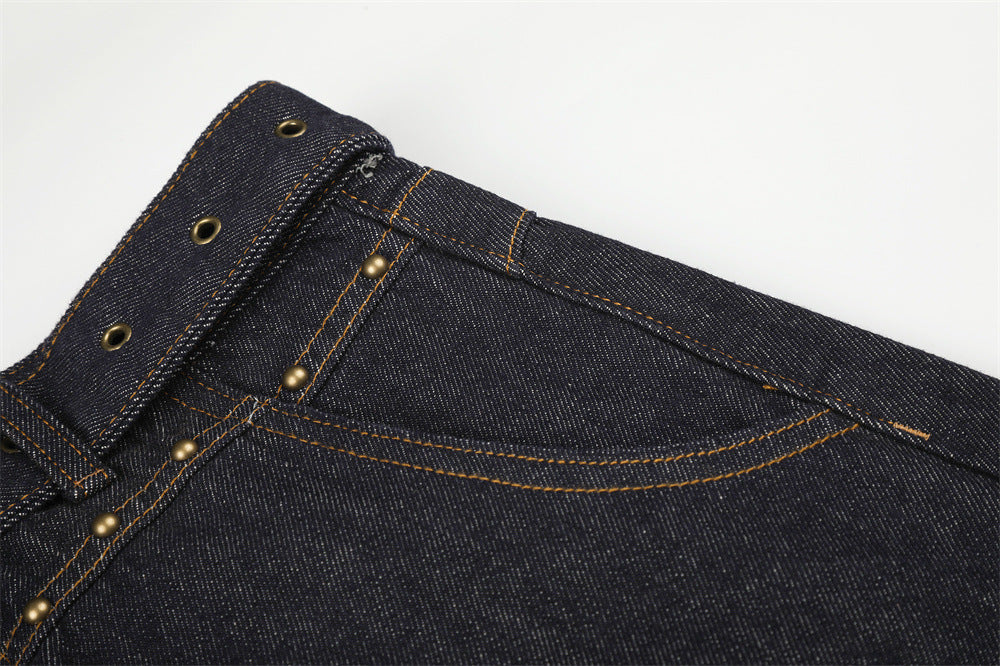 Oversized Barrel Leg Jeans with Belt, Studded Waist & Rhinestone Cuffed Hem