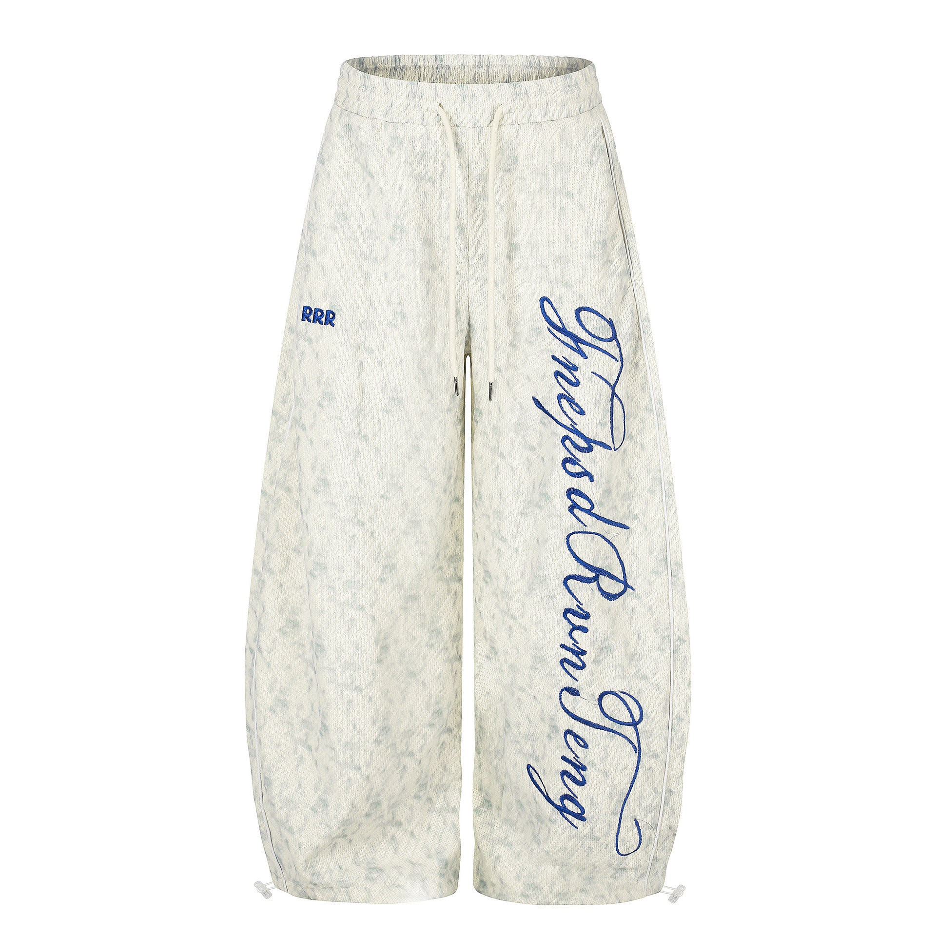 RRR acid wash cream wide-leg sweatpants with blue cursive script embroidery on right leg, front and back view