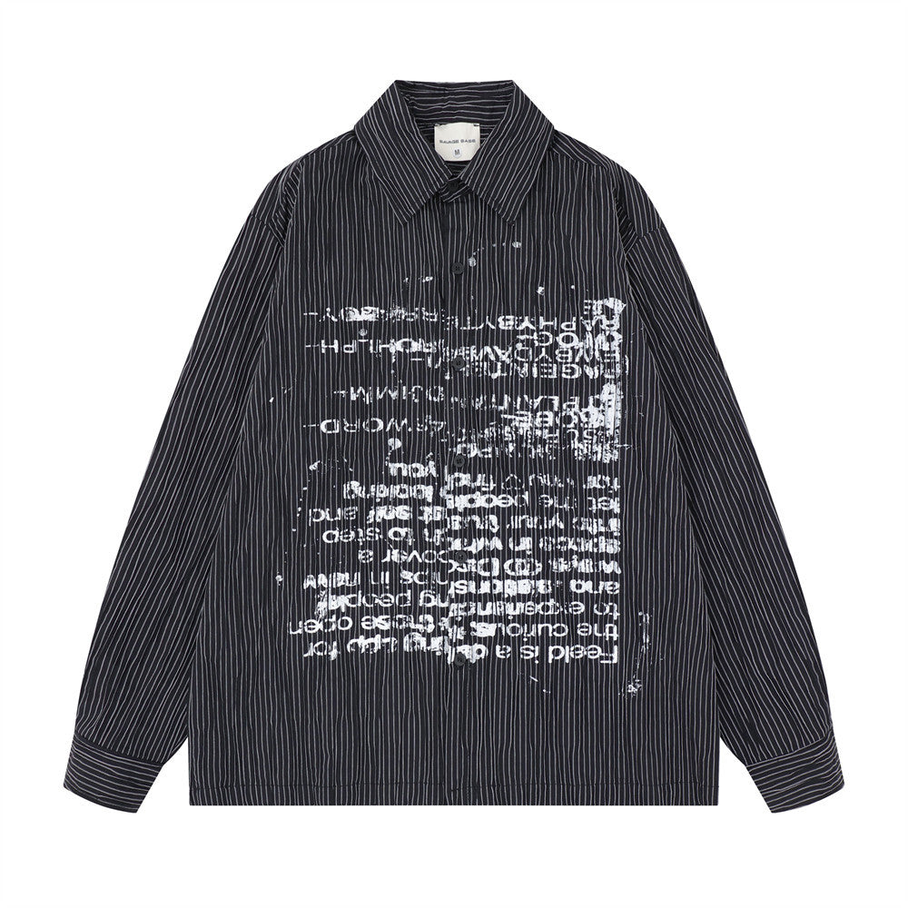 Men's Long Sleeve Striped Shirt with Distressed Letter Print